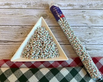 Size 8 Czech Chalk Seed Beads With Red And Green Stripes, 22g Tube