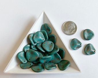 Rose Petals, 14x13mm, Persian Turquoise Copper Picasso, 25 Beads Per Strand, Great For Beaded Kumihimo Designs
