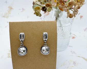 Swarovski Silver Shade Cushion Cut Fancy Stone Earrings, 10mm Cushion Cut Crystals, Rhodium Silver Pierced Post Back Dangle Earrings