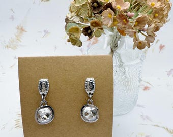 Swarovski Silver Shade Crystal Earrings: Rhodium Dangle, 10mm Cushion Cut