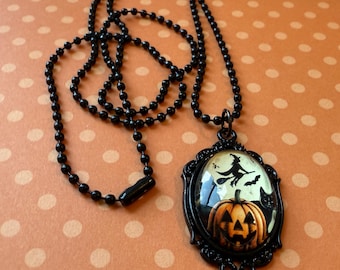 Witch on Her Broom Flying Necklace, Black Enamel Gothic Bezel with 23" Ball Chain, Jack O Lantern and Witch Necklace, Halloween Necklace
