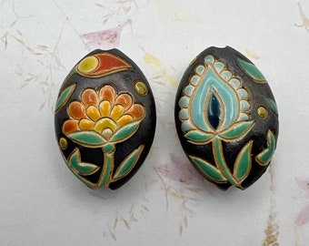 Majolica Style Stoneware Beads, Two Designs, One Bead, Hand Glazed, Hand Carved, This Is A Gorgeous Bead by Golem Design Studio