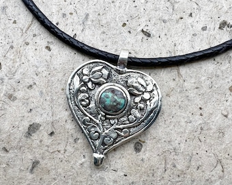 Turquoise and Silver Repousse Heart Necklace, Repousse Relief Design in a Heart Shape on Hand Braided  Black Leather Cord with Braided Clasp