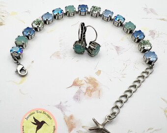 Sea and Sky Crystal Bracelet, Crystals in a Mix of the Sea and Sky Colors , Adjustable Length, Includes Earrings with Bracelet