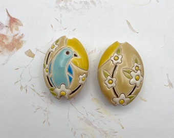 Blue Bird Sunrise Pendant Bead, Almond Shaped Bead, Hand Glazed, Hand Carved, Pendant Beads, Golem Design Studio, Two Sided Design