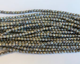 4mm Green Opaque Luster Fire Polish Beads, Round Faceted 4mm Fire Polish Beads, 50 Beads Per Strand