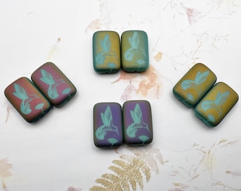Laser Etched Hummingbird on Matte Turquoise with Rainbow Finish, Rectangle 19x12mm, Set of 2 Random Beads
