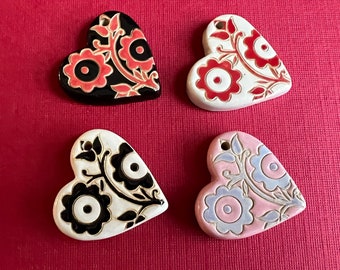 Tapestry Stoneware Heart Pendants, Hand Crafted by Golem Design Studio, Select Red Black, Red White Black White or Purple Pink, Lace Design