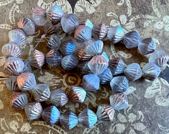 11mm Tribal Bicone, Ivory with AB and Etched Finish, 15 Beads Per Strand, Czech Pressed Glass Beads, Aurora Borealis