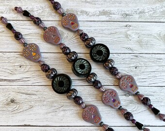Purple Days Bead Strand Mix, 7 Inch Strand of Assorted Sizes, Table Cut Czech Glass Sugar Skulls, Melon Beads and More in Purples