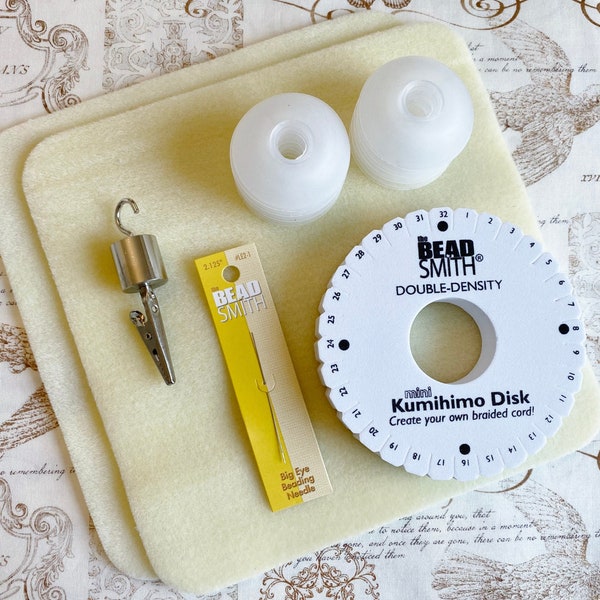 KIT, Kumihimo Starter Kit, Includes 20mm Double Density Mini Foam Disk, No-Tangle Bobbins, Kumi Weight, Big Eye Needle and Soft Bead Mats