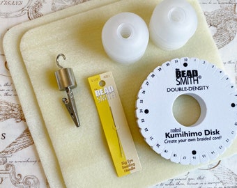 KIT, Kumihimo Starter Kit, Includes 20mm Double Density Mini Foam Disk, No-Tangle Bobbins, Kumi Weight, Big Eye Needle and Soft Bead Mats