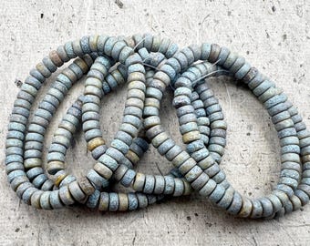 Heishi Beads, 3x6mm, Czech Glass, Honey with Picasso and Etched Finishes and a Turquoise Wash, 50 Beads Per Strand, Flat Round Heishi Beads