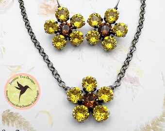 Sunflowers, Six Stone Necklace or Lever Back Earrings, European Crystals, Antique Silver Rolo Chain with Extender and Sunflower Dangle