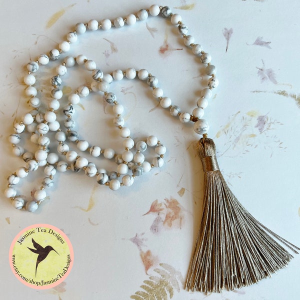 Hand Knotted Howlite Mala Necklace, 6mm Natural Howlite Beads, 36 Inch Bloodstone Mala Necklace with Silk Tassel