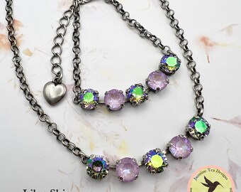 Lilac Shimmer Five Stone Necklace or Bracelet, European Crystals, Antique Silver Rolo Chain with Extender and Heart Dangle