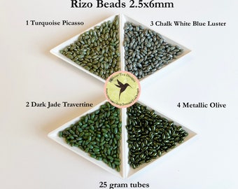 Rizo Beads, 2.5x6mm Rizo Beads, 25 Grams, Choose From Turquoise Picasso, Dark Jade Travertine, Chalk White Blue Luster or Metallic Olive