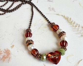 Crystal Heart Necklace, Antique Copper Ball Chain Necklace, Czech Glass, Pearls, Tierra Cast Findings, Premium Austrian Crystal Heart