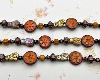Orange Bead Strand Mix, 7 Inch Strand of Assorted Sizes, Table Cut Czech Glass Cats, Melon Beads and More in Metallic and Autumn Tones