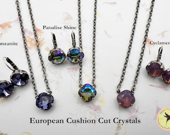 Solitare Necklace and Earring Set, 12mm Square Cushion Cut Fancy Stone, European Crystals, Antique Silver Lever Back Setting, Drop Earrings