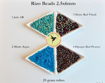 Rizo Beads, 2.5x6mm Rizo Beads, 25 Grams, Choose From Jade AB, Matte Aqua, Matte Red Vitrail or Opaque Red Picasso