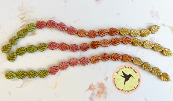 Autumn Leaves Czech Glass Mix, 6 Inch Strand of Assorted Table Cut Czech Glass Leaves in 4 Shades of Autumn Leaves, 4 Leaves of Each