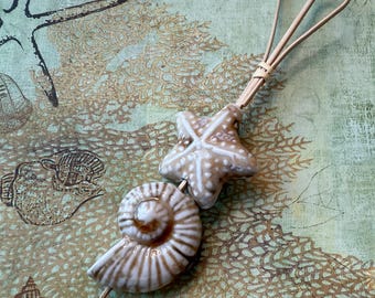 Starfish and Nautilus Ceramic Pendant, Large Hole Seashell Pendant Beads, Set of Two