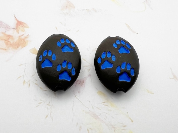 NEW!  Glazed and Stamped Almond Shaped Beads, Set of 2 Beads, 2 Sided Design, Golem Design Studio, Black Clay Beads