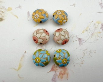 Petal Flowers in Bloom, Lentil Shaped Stoneware Beads, On Blue, Pink or Lime Green