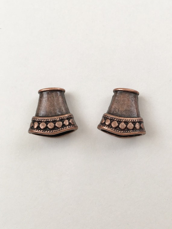 Antique Copper Cord Ends,  End Caps, Flattened Cone Shaped Cord Ends, Oval Opening At Top And Bottom, Kumihimo Cord Ends