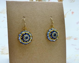 Swarovski Three Tier Crystal Sapphire, Capri Blue and Aqua Earrings, Crystals Set in Raw Brass, Shepard's Hook Ear Wire, Pierced Earrings