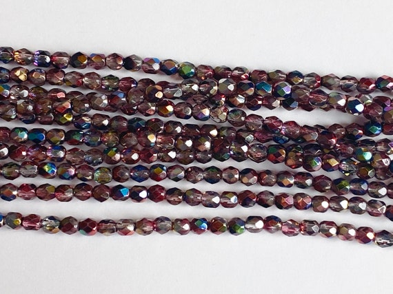 4mm Magic Red Brown Fire Polish Beads, Faceted 4mm Fire Polish Beads, 40 Beads Per Strand