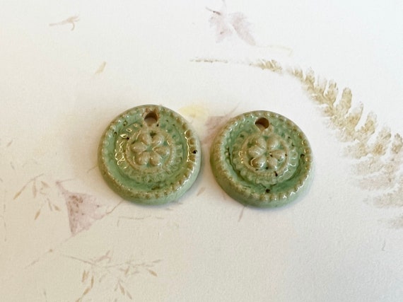 Stoneware Beads Decorated with a Hand Crafted Stamp Medallion Design, Set of Two Beads, Reactive Glaze Finish