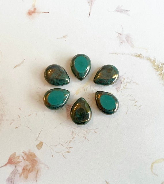 Polished Drops, Persian Turquoise Bronze Picasso, 16x12mm Drops, Set of 6 Beads