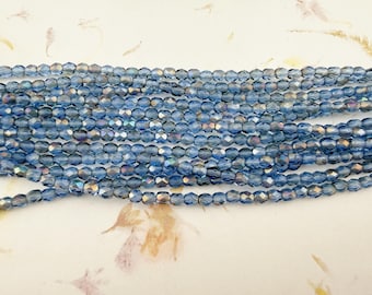 4mm Twilight, Sapphire, Czech Glass Fire Polish Beads, 50 per Strand