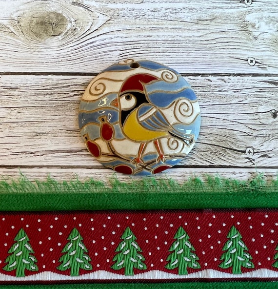 Chickadee With Red Hat Pendant, Round Domed Stoneware Pendant, Glazed On Both Sides, Golem Design Studio Beads