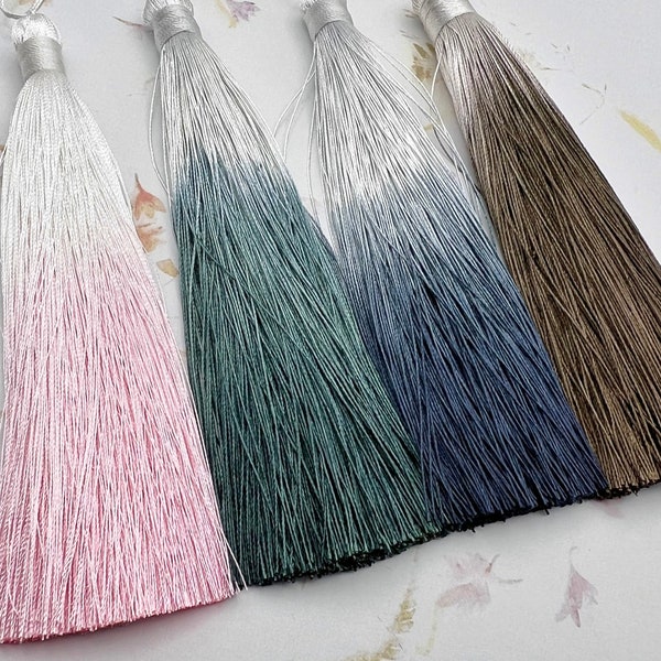 Tassels, Gradient Color Tassels, Tassel Fringe, Rose Quartz, Emerald, Sapphire or Smoky Topaz, Silky Tassel, 5 Inch Tassel