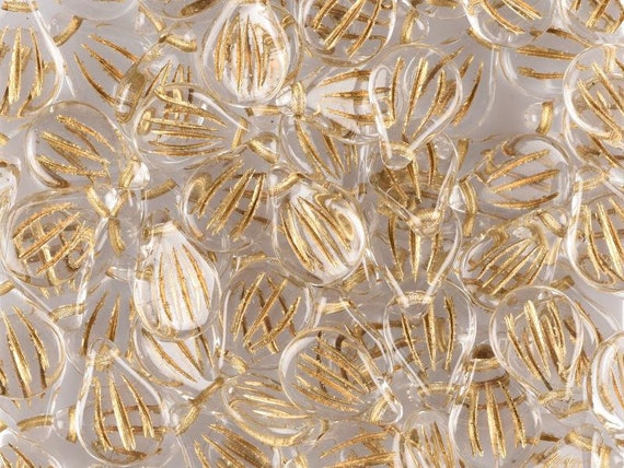 Preciosa Engraved Pips, Crystal Gold, 9x14mm, Package of 5 Pieces