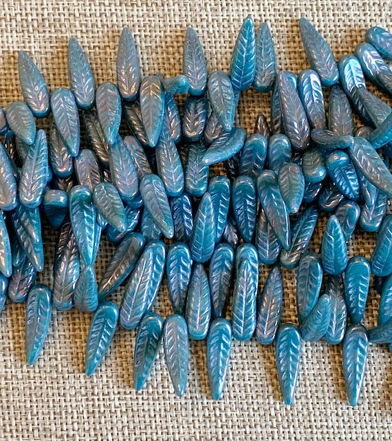 Bird Feather Beads, 17x5mm, Purple Travertine Copper, 25 Beads per Strand, Pressed Czech Glass Feather Beads, Top Drill, Single Hole