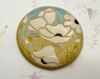 Cabochon, White Field Poppies, Round Stoneware Cabochon, Golem Design Studio Beads, 1.5 Inches Round