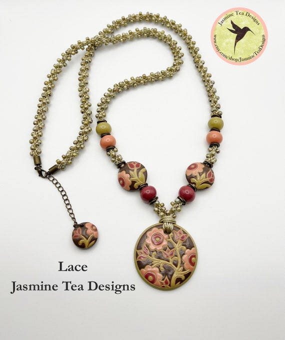 Lace Necklace, Vintage Rose and Antique Pink with Stem Green Floral Pendant and Accent Beads, Flax Braid With Hybrid Toho Seed Beads