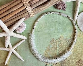 Wedding at the Beach Necklace, Beaded Kumihimo Statement Necklace, Measures 20 Inches and Finishes With a Pearlized Acrylic Magnetic Clasp
