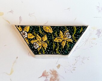 Daffodils and Polka Dots by Damyanah Studio, Stoneware Trapezoid Pendant, Hand Crafted in Bulgaria