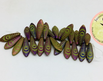 16x5mm Laser Wasabi Peacock Eye Dagger Beads, 25 Daggers Per Strand, Single Hole, Czech Glass Daggers