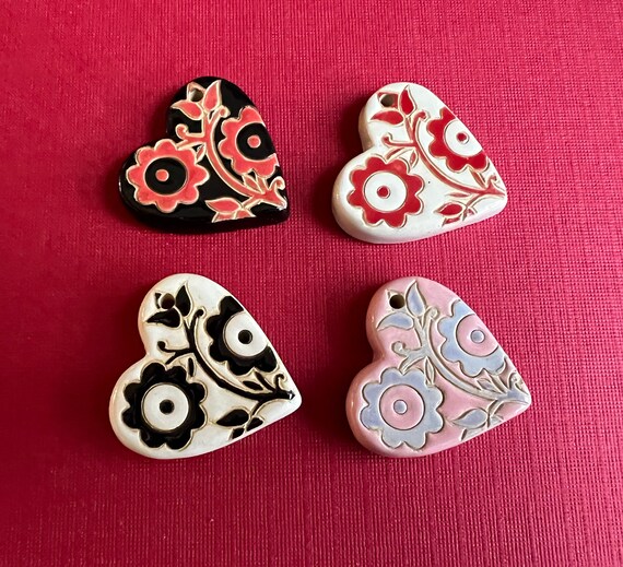 Tapestry Stoneware Heart Pendants, Hand Crafted by Golem Design Studio, Select Red Black, Red White Black White or Purple Pink, Lace Design