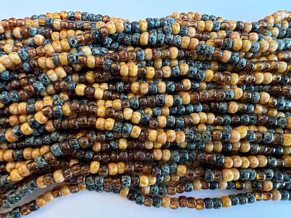 6/o Aged Bee Hive Picasso Mix, Czech Glass Seed Beads, 4mm Seed Beads, 20 Inch Strand, Approximately 150 Per Strand, 13 Grams