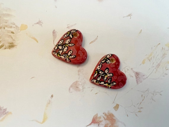 Pairs of Whimsically Decorated Hearts, Hand Crafted Stoneware Hearts by Damyanah Studio, Decorated and Glazed by Hand