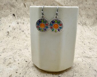 Colorful Bohemian Enamel Earrings, Enamel on an Ancient Design, Drop Earrings, Dangle Earrings, Antique Silver Plated Brass, Hook Ear Wire