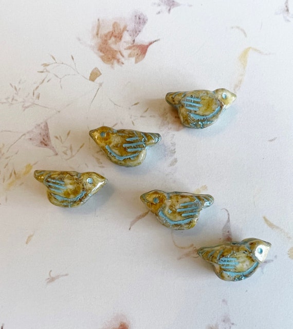 Bird Bead, 11x22mm, White Bird with Picasso Finish and a Turquoise Wash, 1mm Vertically Drilled Hole, 1 Bird