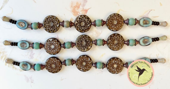 Bronze Sunburst Czech Glass Mix, 7 Inch Strand of Assorted Table Cut Czech Glass Beads in Turquoise and Bronze Tones